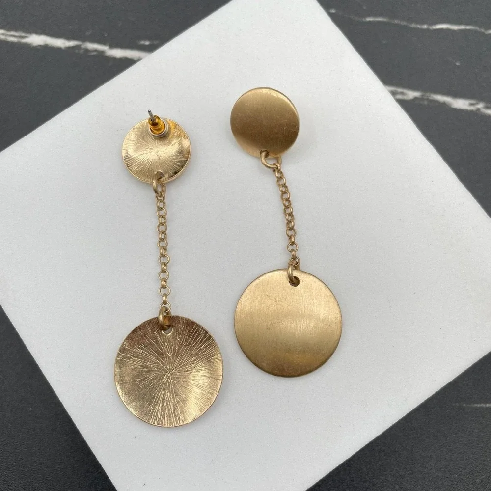 Contemporary Gold-Tone Classic Round Link Chain Double Disc Drop Dangle Earrings